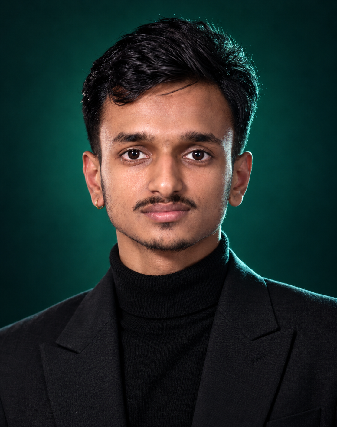 Portrait of Aaditya against a teal background